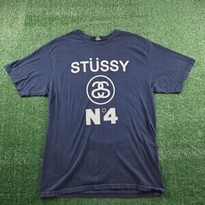 Stussy No 4 Logo Graphic Tshirt Men's L Navy Blue Streetwear Skate Tee